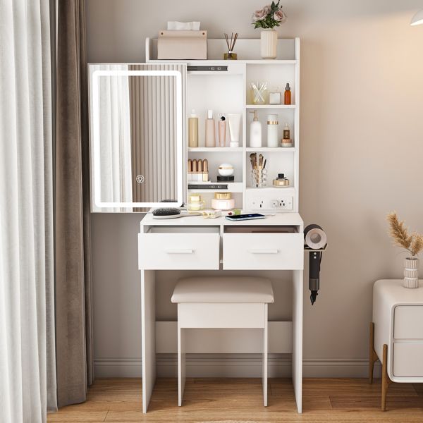 Small LED Makeup Vanity with Hidden Storage and Stool view 8