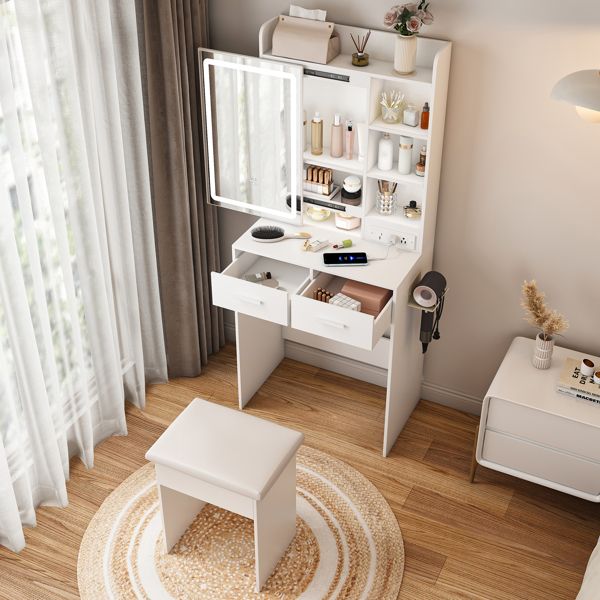 Small LED Makeup Vanity with Hidden Storage and Stool view 10