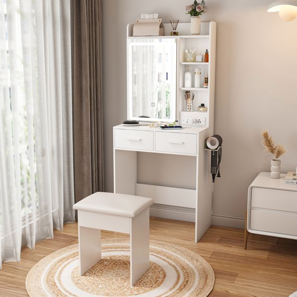 Small LED Makeup Vanity with Hidden Storage and Stool view 9