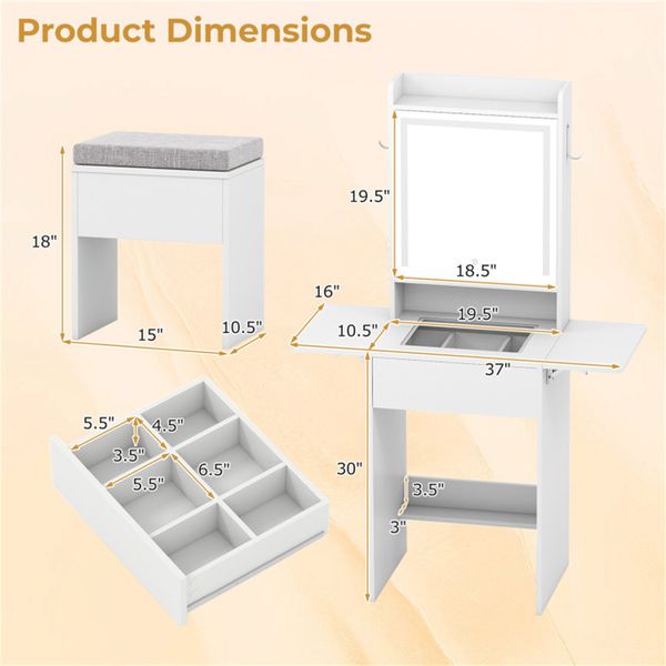 Expandable Makeup Vanity 19.5 to 37 Inch with Charging Station view 3