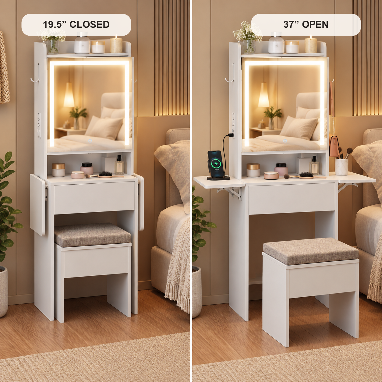 Extendable vanity shown closed at 19.5 inches and open at 37 inches