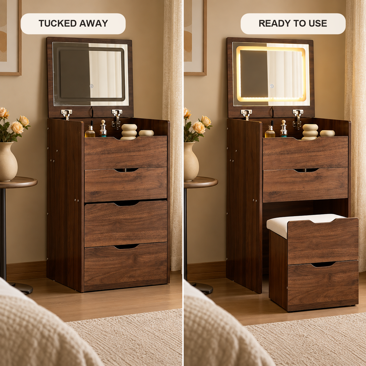 Compact three-in-one vanity shown tucked away and ready to use