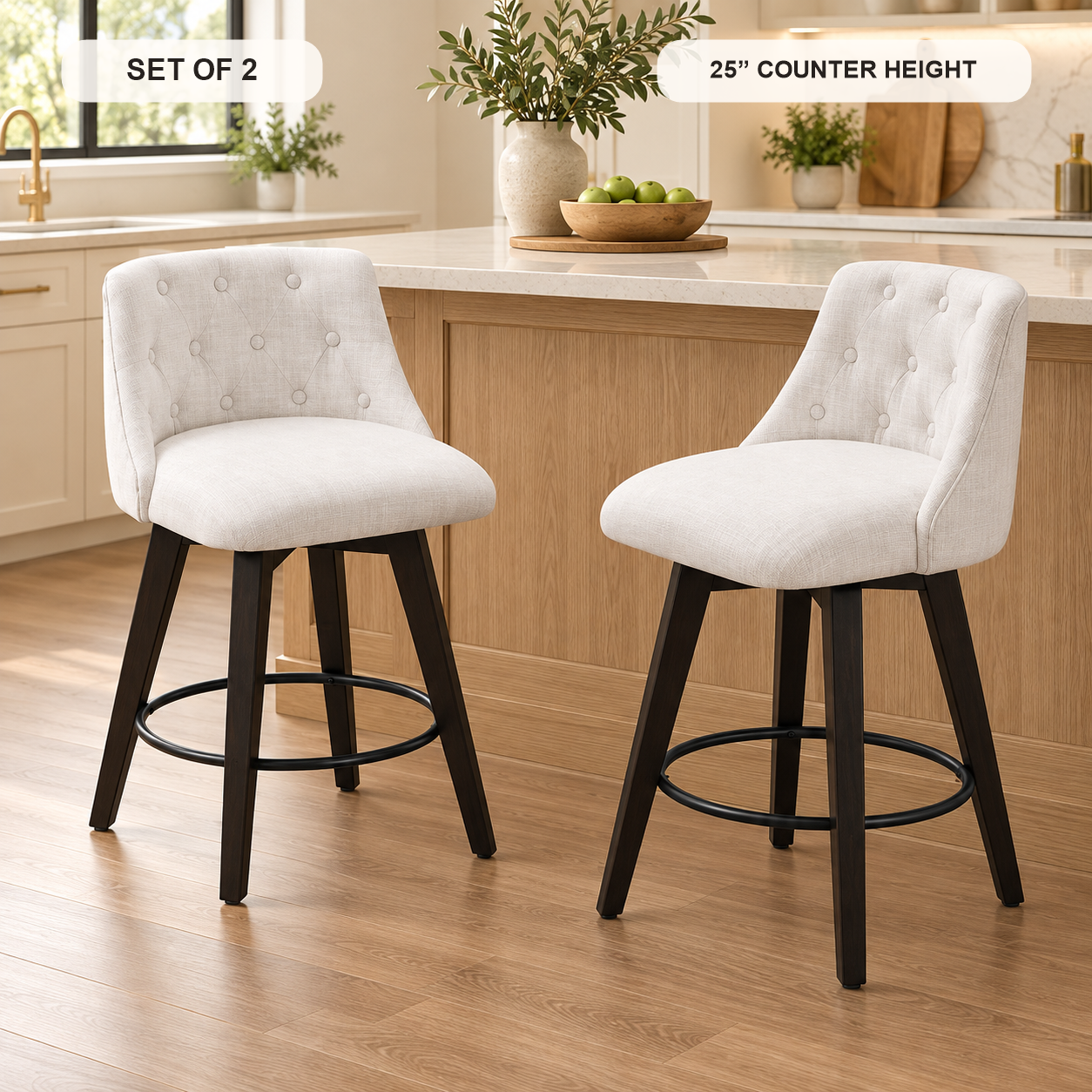 Set of two 25-inch counter-height swivel stools at a kitchen island