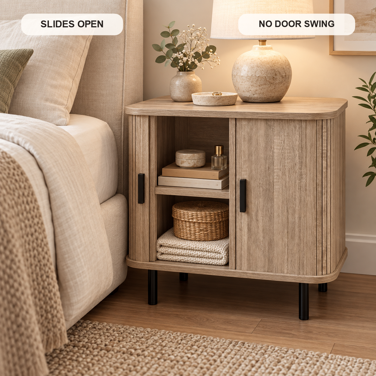 Compact tambour nightstand beside a bed with its sliding door open
