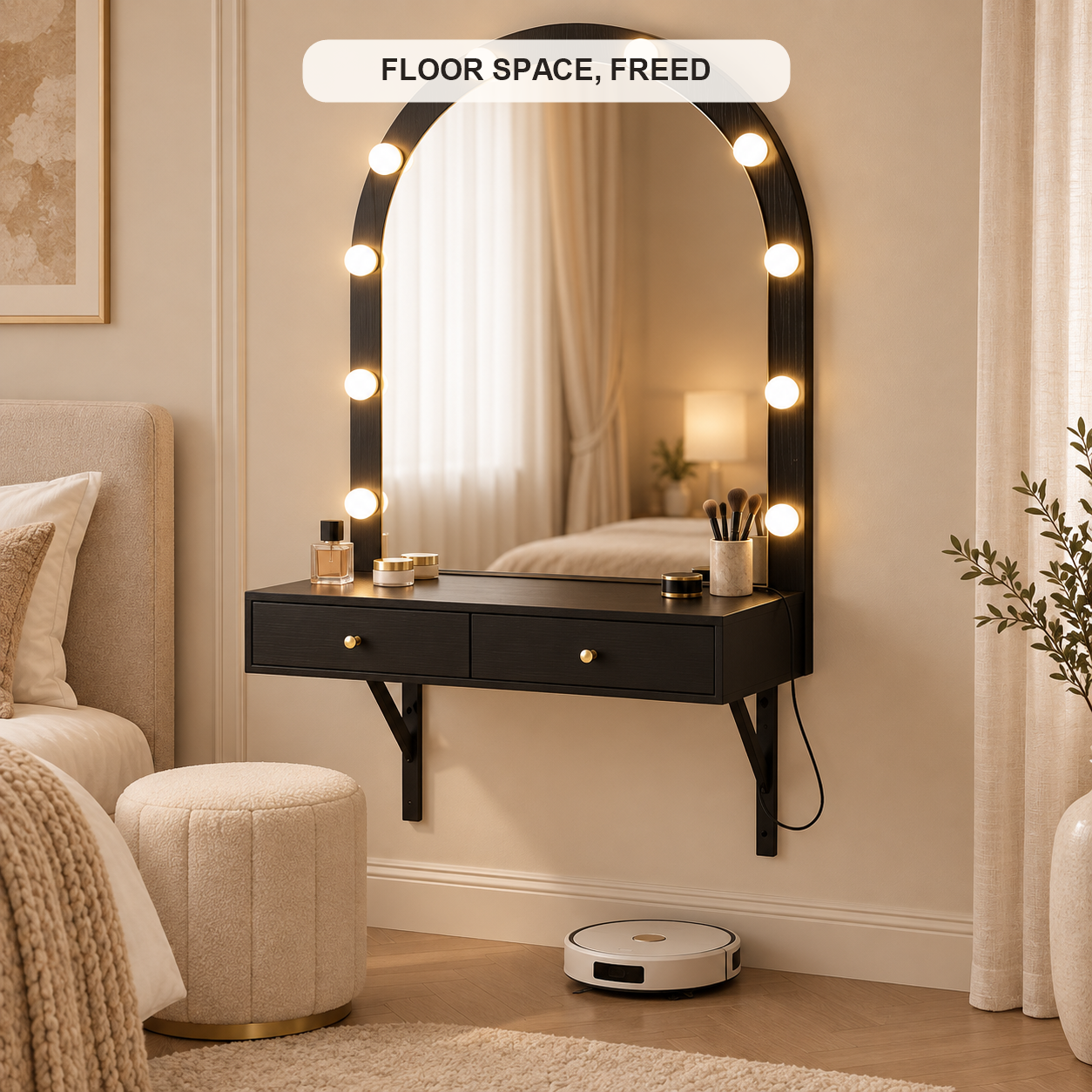 Wall-mounted lighted vanity that keeps floor space clear