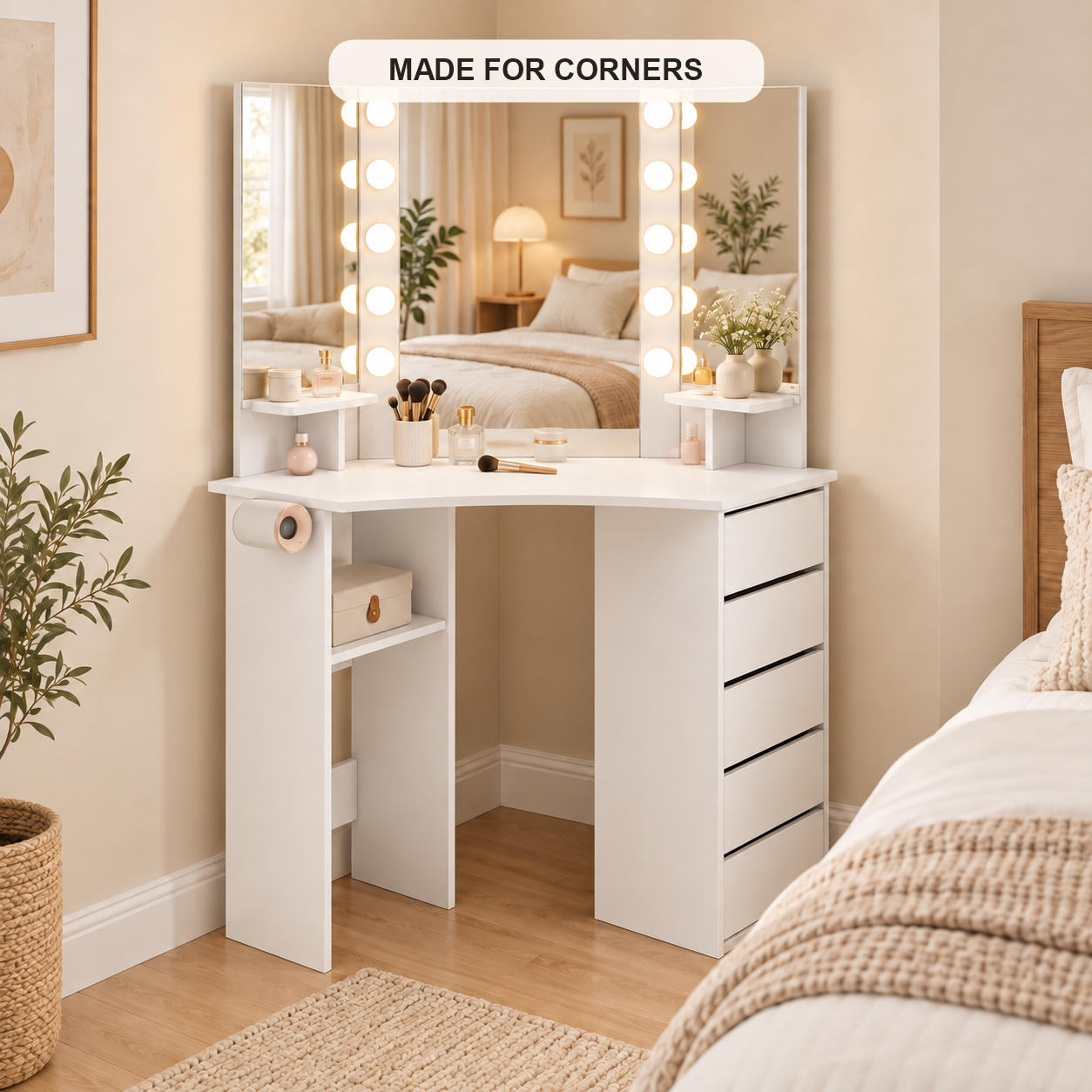 Lighted vanity designed to fit into a bedroom corner