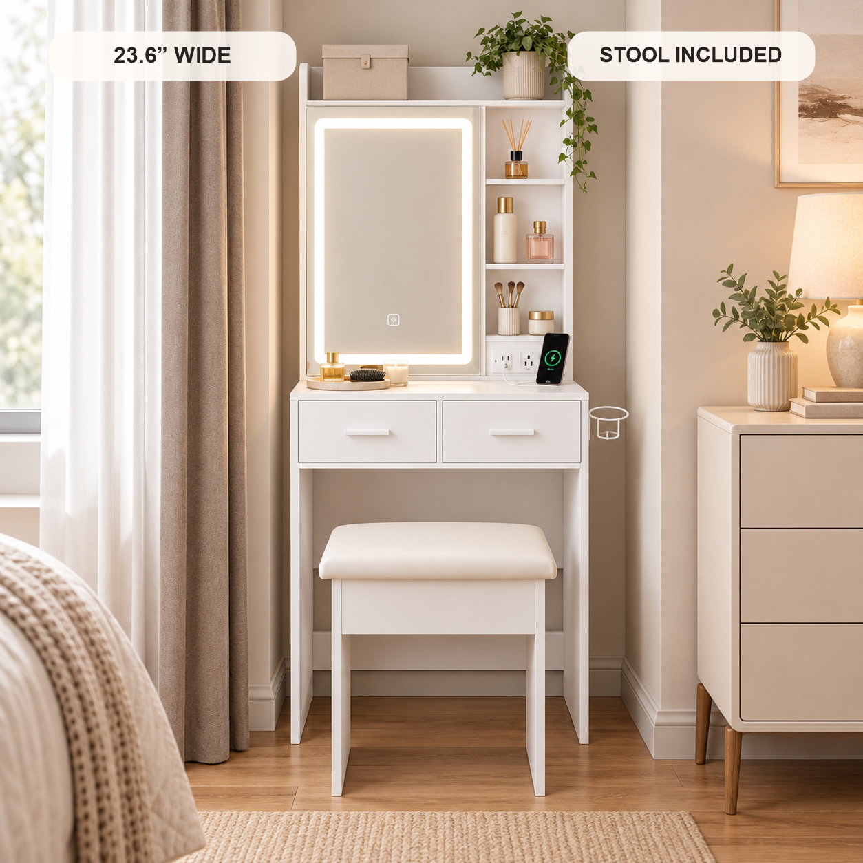 Small complete vanity shown in a narrow space with included stool
