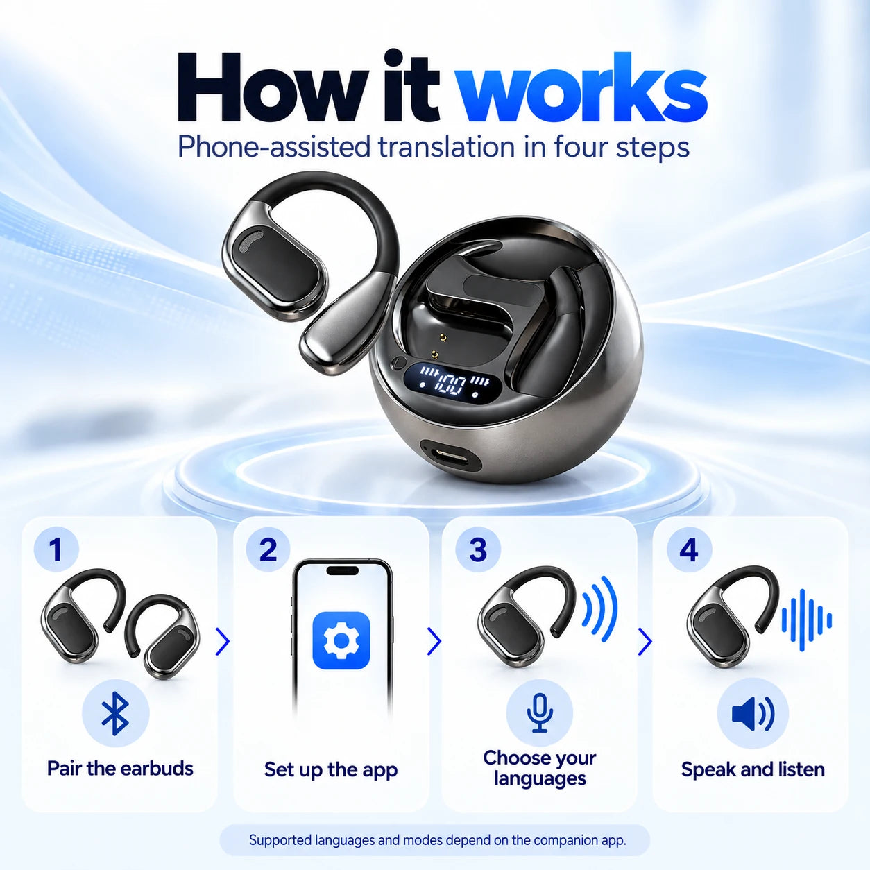 Black M76 ear-hook earbuds with their round LED charging cradle