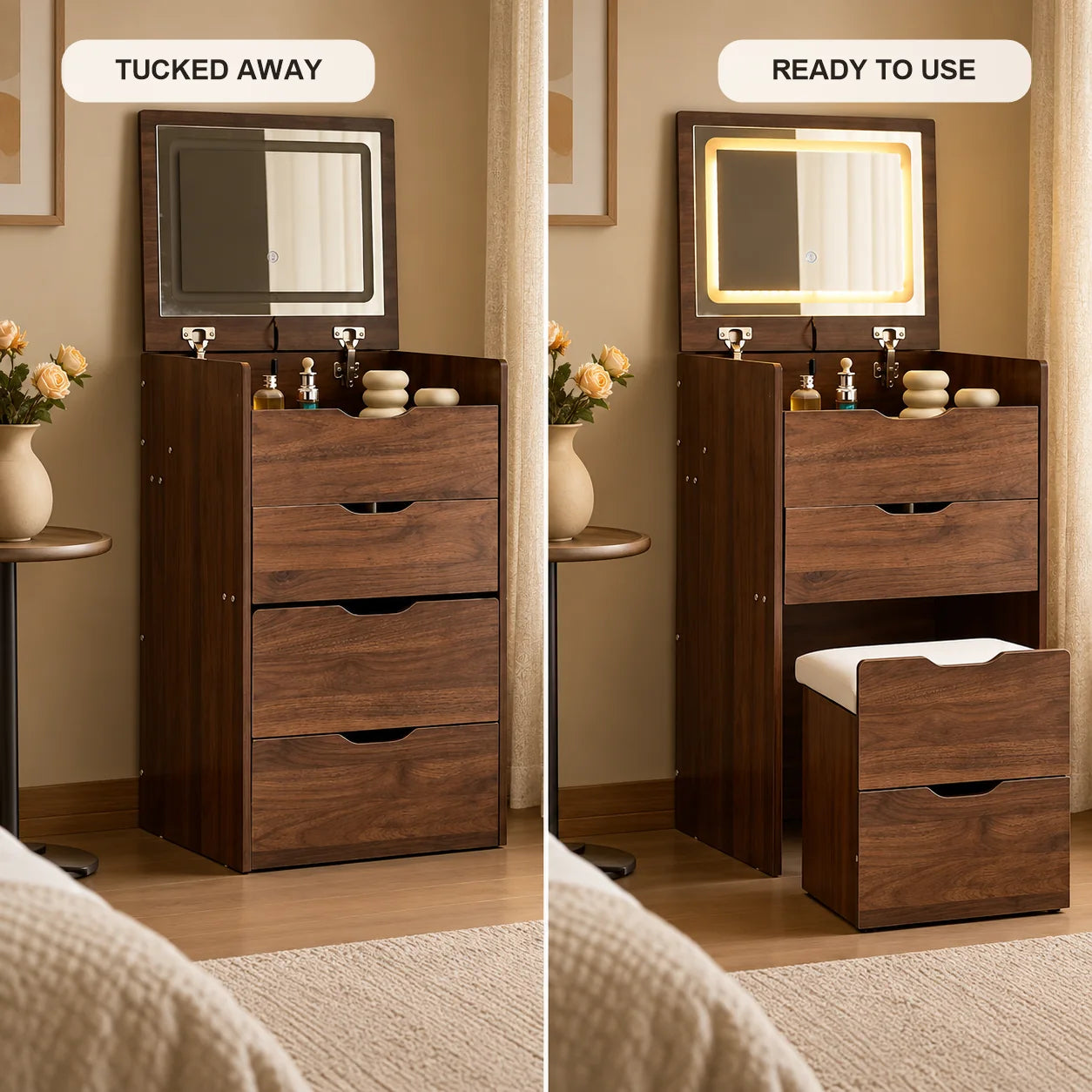 Compact three-in-one vanity shown tucked away and ready to use