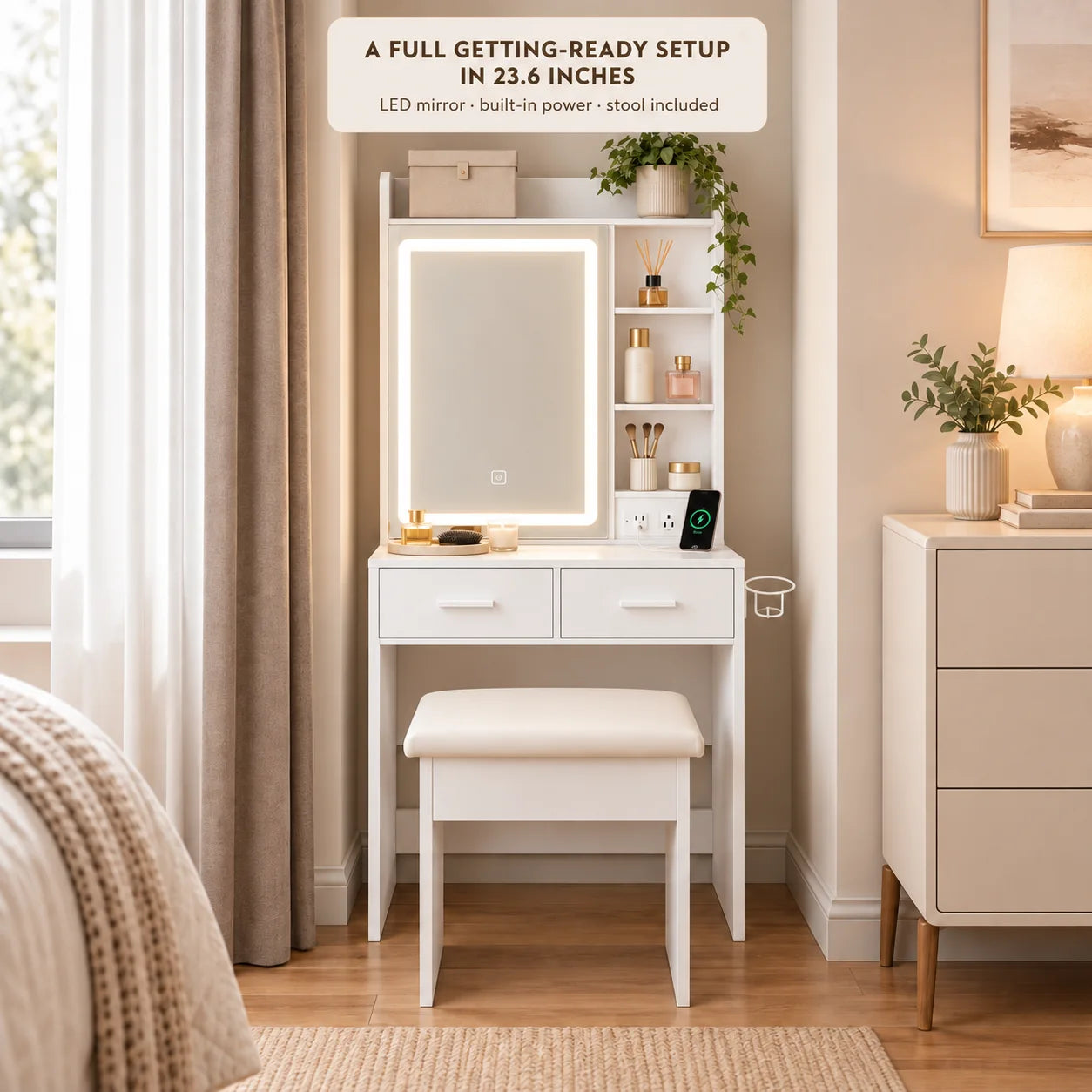 Complete 23.6-inch vanity with LED mirror, built-in power and included stool
