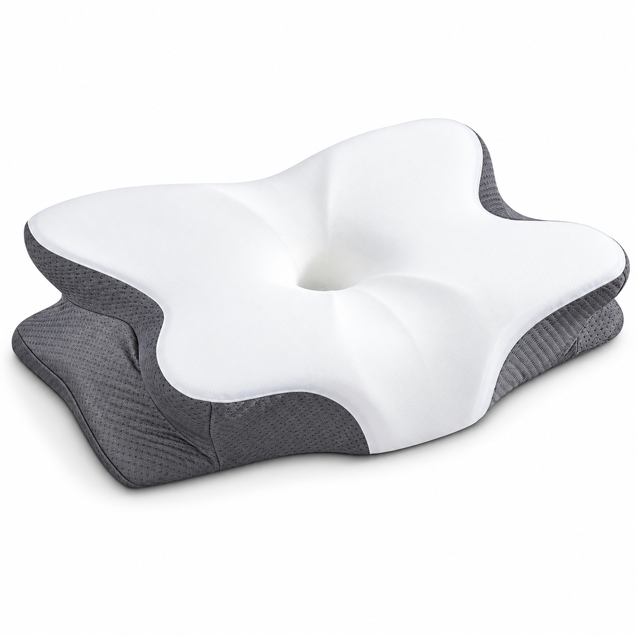 White and gray contour memory foam pillow shown from several angles