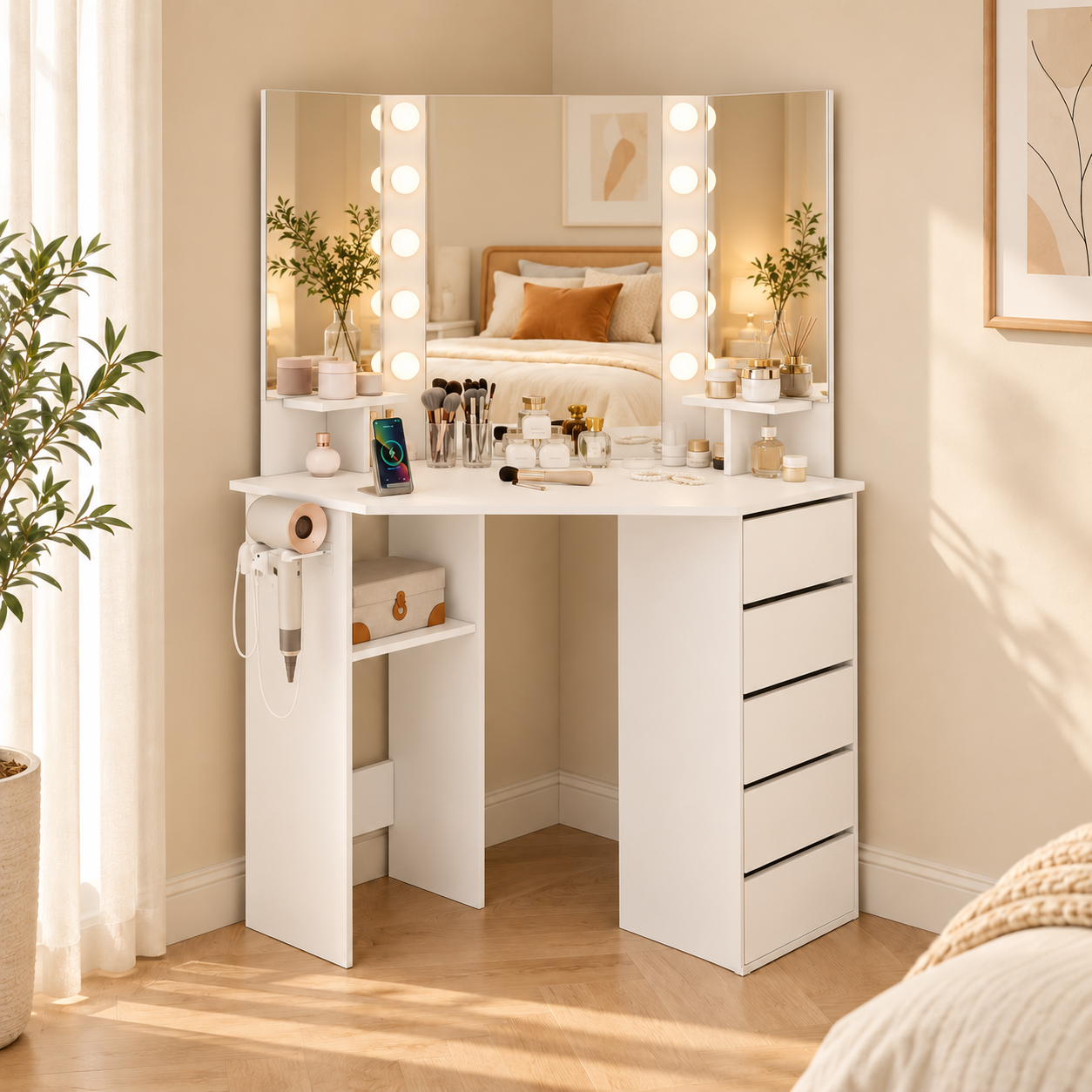 White corner makeup vanity with three mirrors, LED lights, five drawers and open shelves
