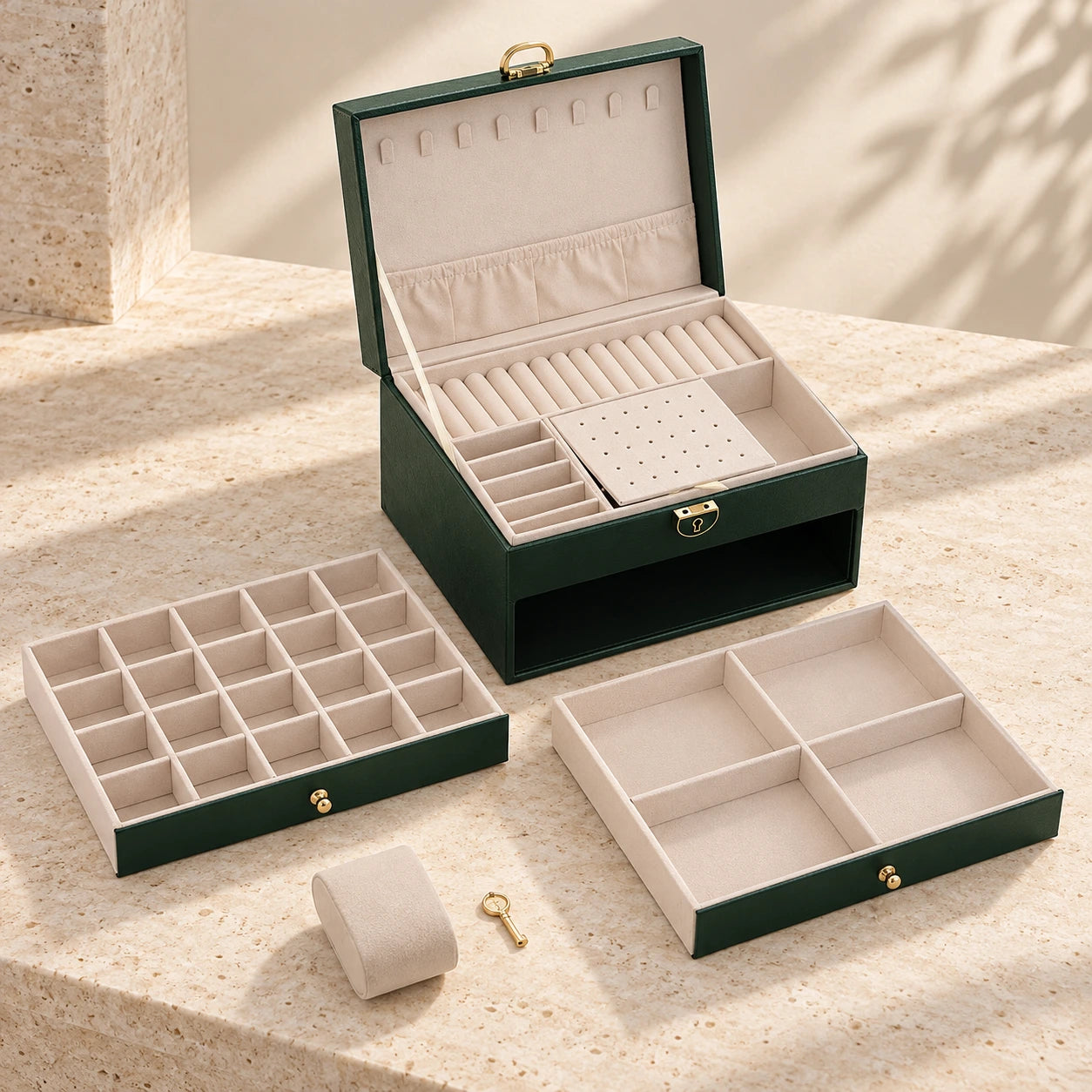 Beige interior of the green jewelry organizer with ring rolls, earring panel and two detached drawers shown beside it.