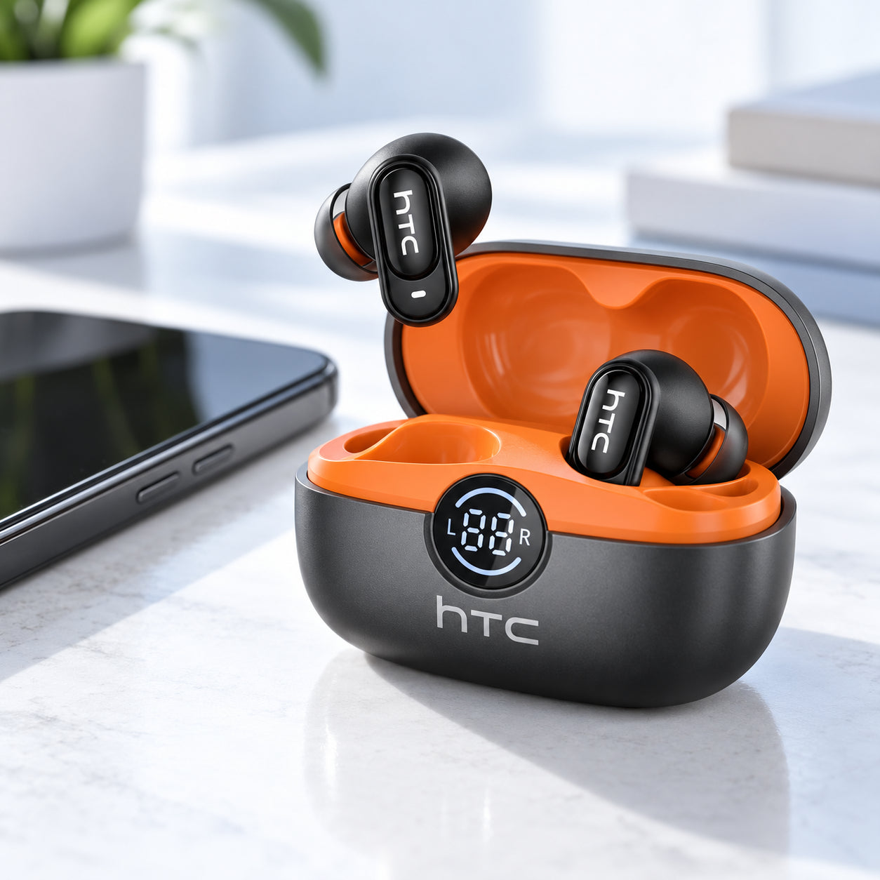 HTC NE79 black earbuds and orange-lined charging case beside a smartphone