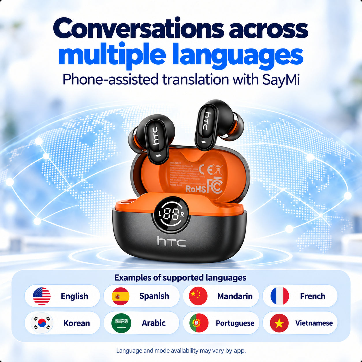 Conversations across supported languages with SayMi: English, Spanish, Mandarin, French, Korean, Arabic, Portuguese and Vietnamese