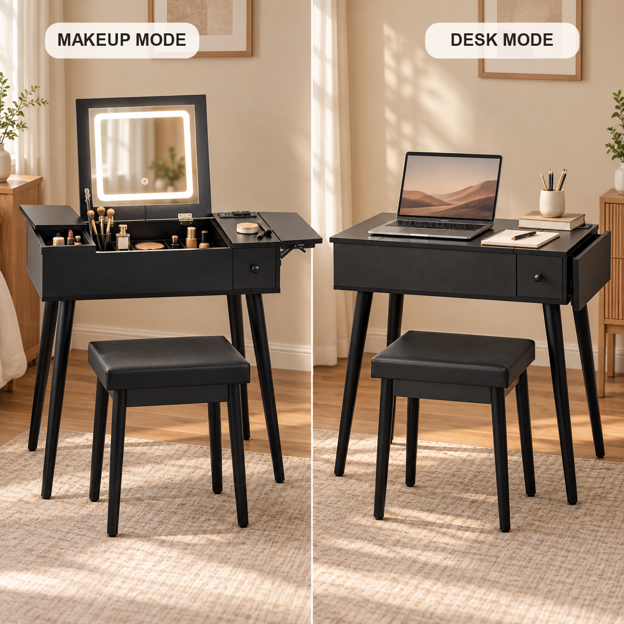 Black vanity desk shown in makeup mode and desk mode
