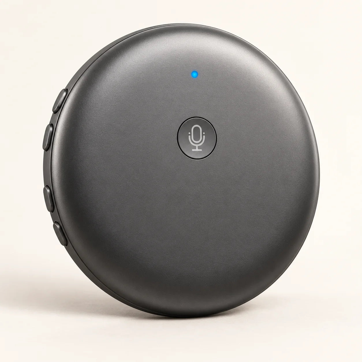 Graphite round AI voice translator with microphone button and blue indicator