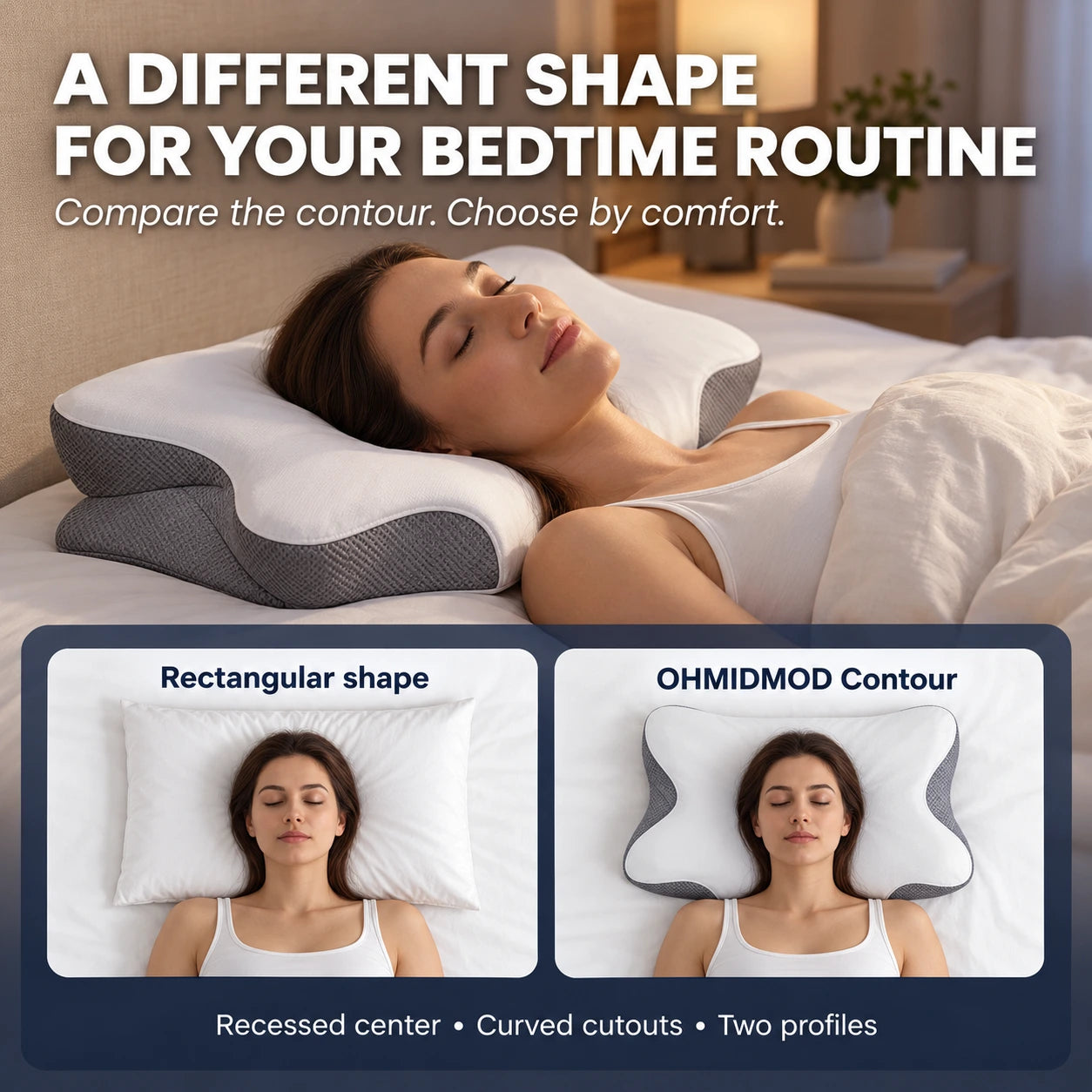 Rectangular pillow and OHMIDMOD contour pillow shown side by side