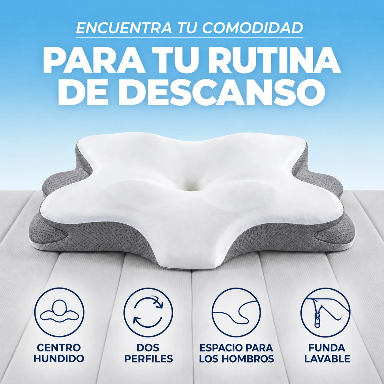 Almohada de contorno OHMIDMOD con parte superior blanca, laterales grises, centro hundido y dos perfiles