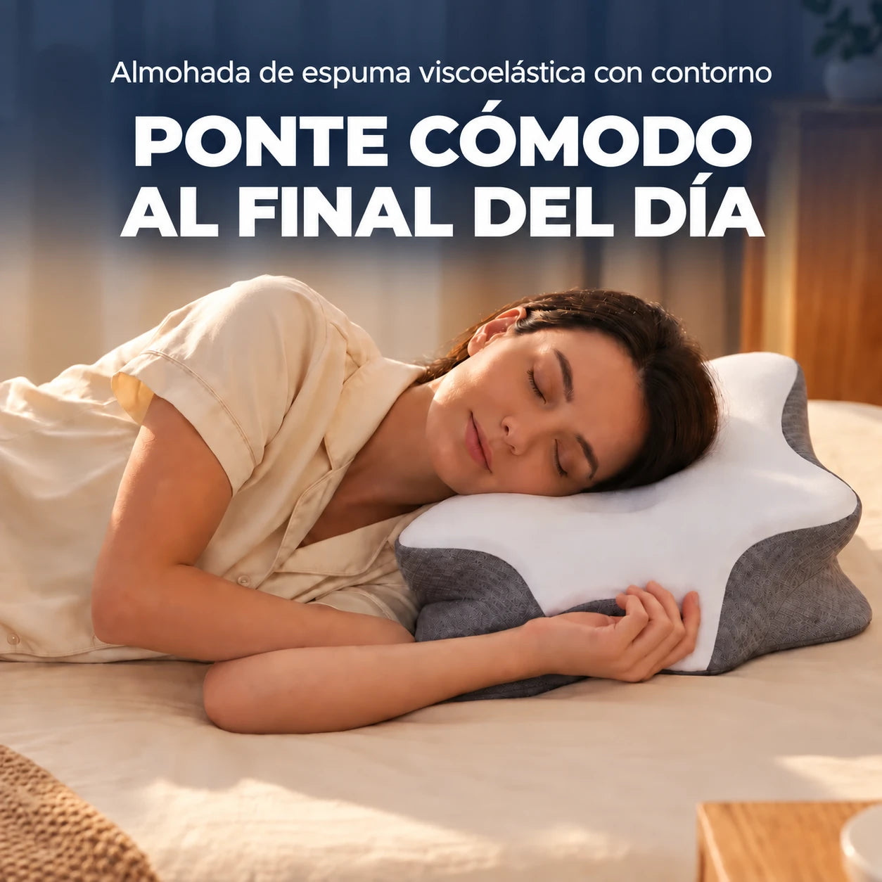 Persona descansando de lado sobre la almohada blanca y gris