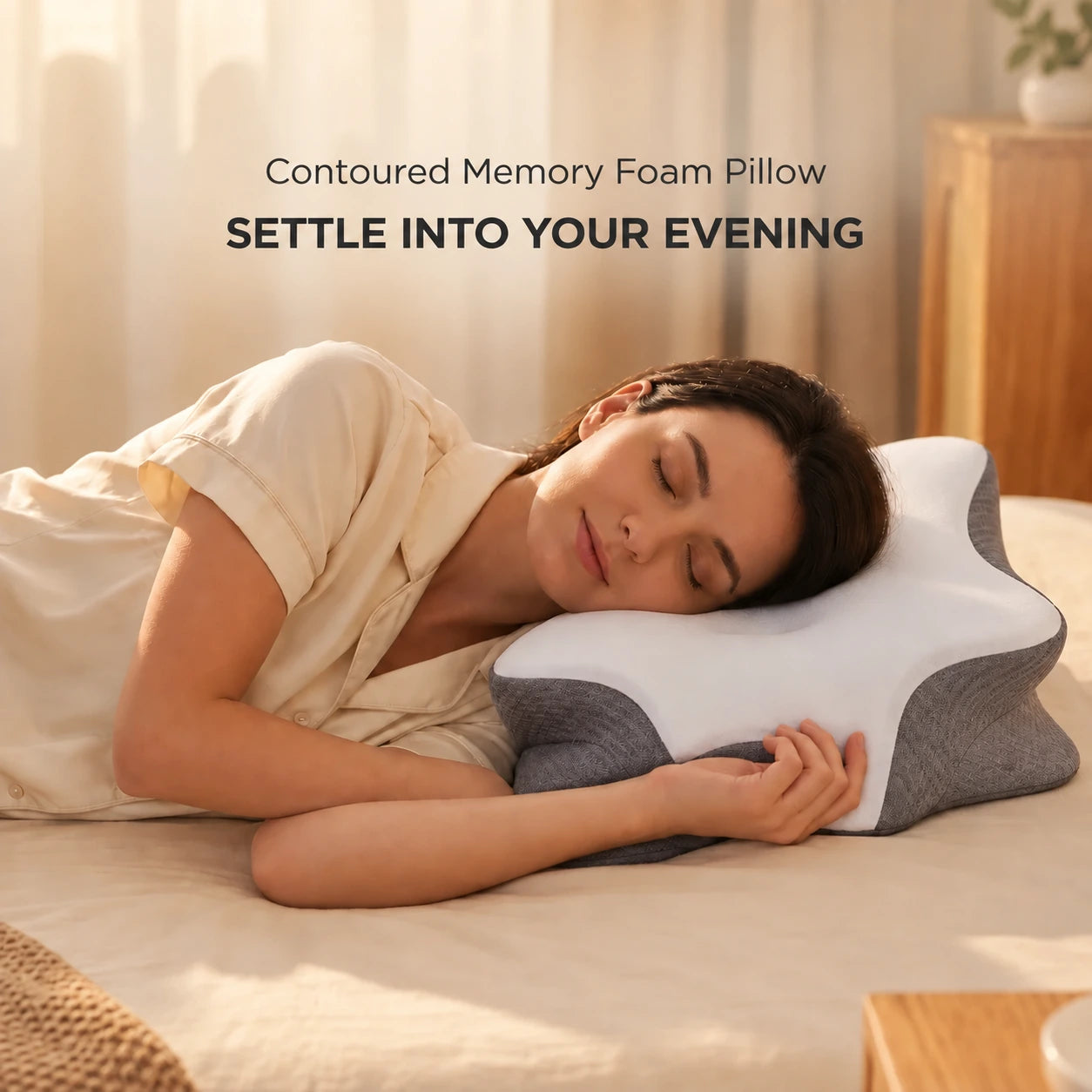 Adult side resting on the white and grey pillow in a warm bedroom