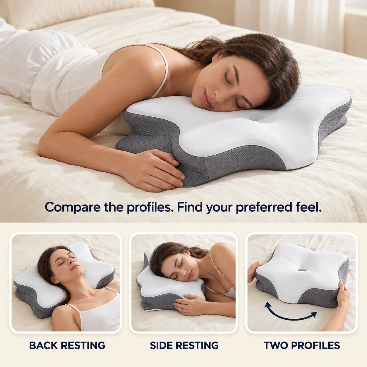 Back resting, side resting and rotating the pillow to compare two profiles