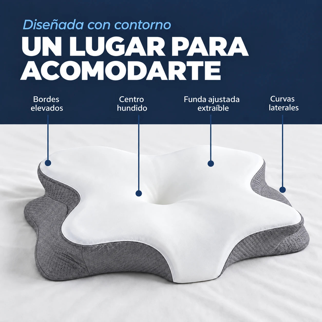 Bordes elevados, centro hundido, funda extraíble y recortes curvos