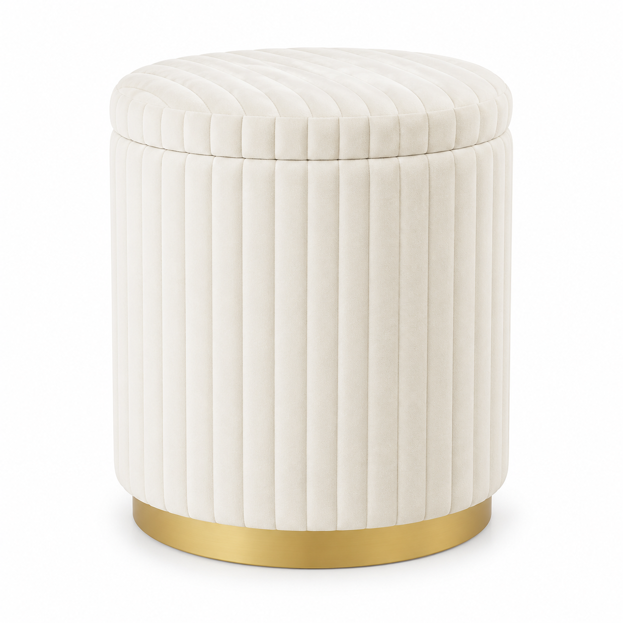 Off-white padded vanity stool with hidden storage and gold base on a white background