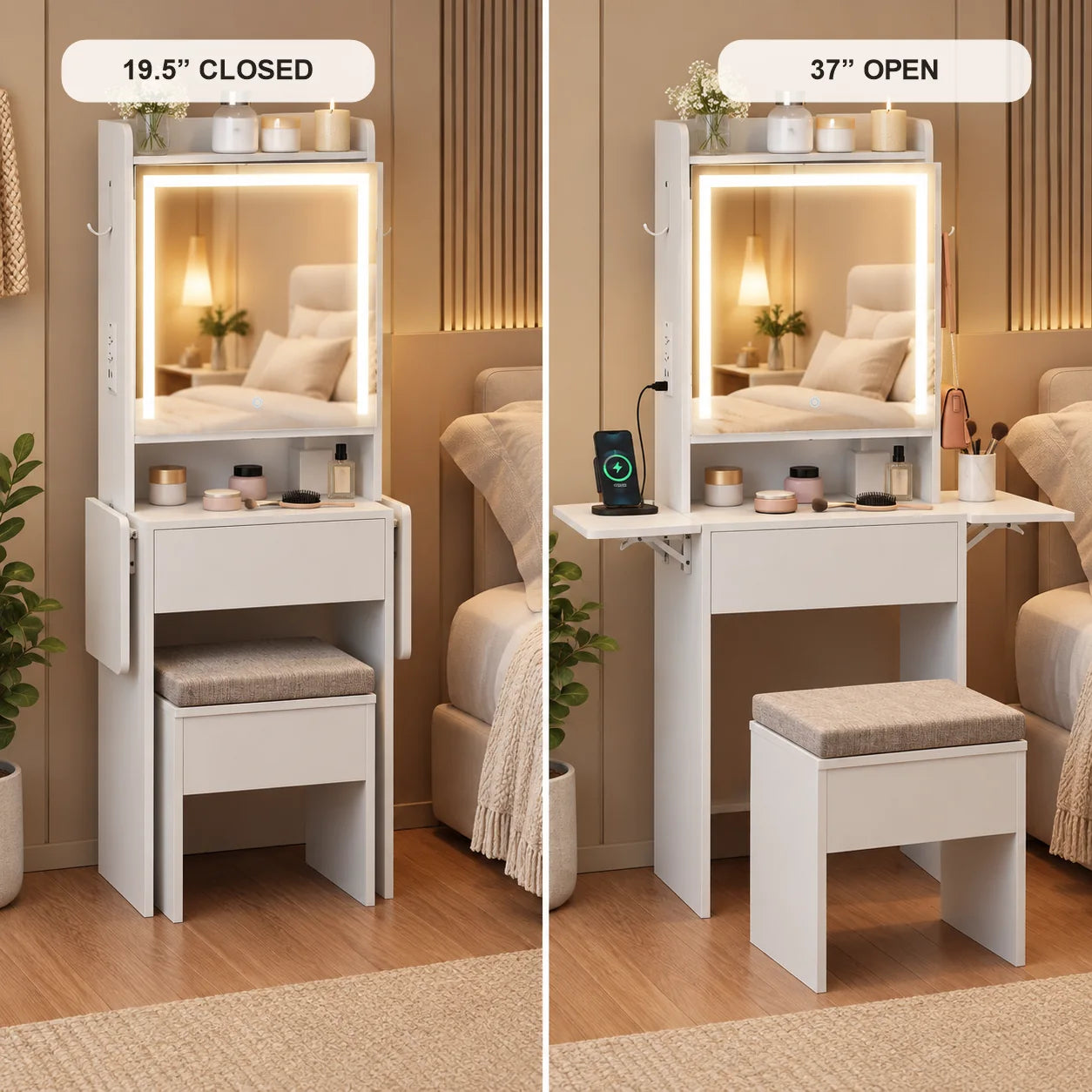 Extendable vanity shown closed at 19.5 inches and open at 37 inches