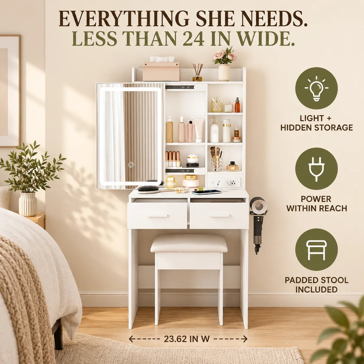 Light, storage, power and seating in less than 24 inches