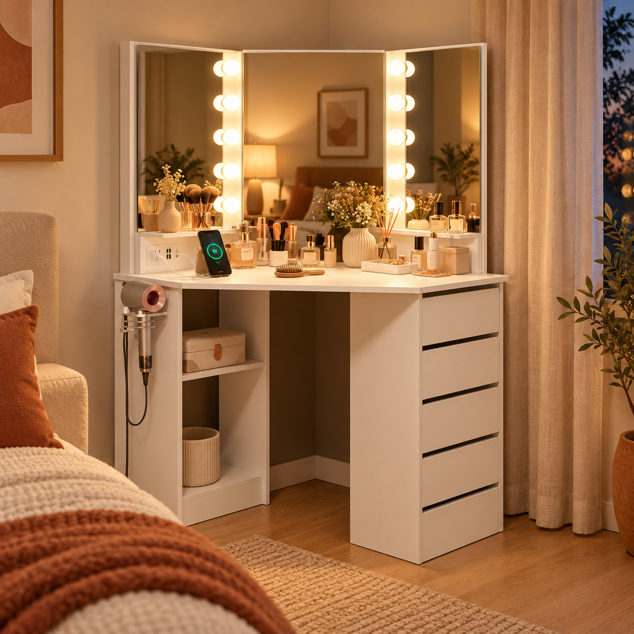 Premium lifestyle view of the white corner makeup vanity