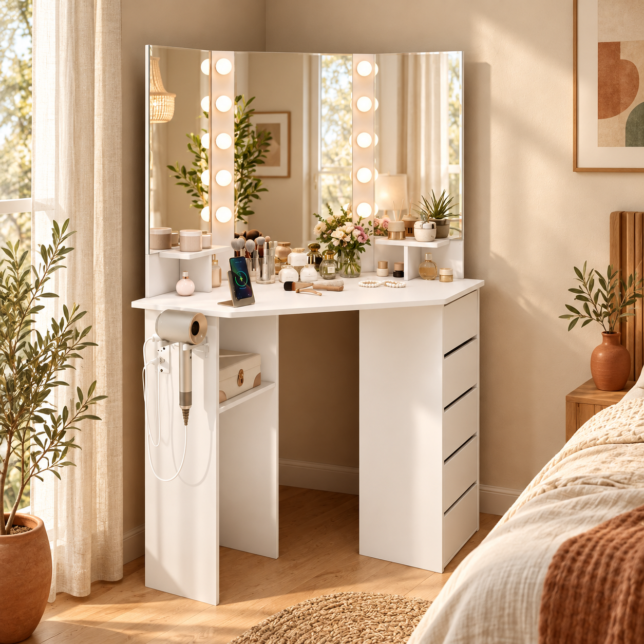Premium lifestyle view of the white corner makeup vanity