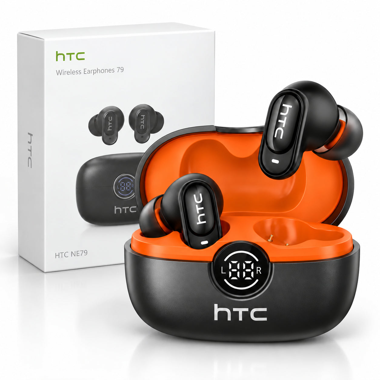 Actual earbuds with their orange-lined charging case and packaging