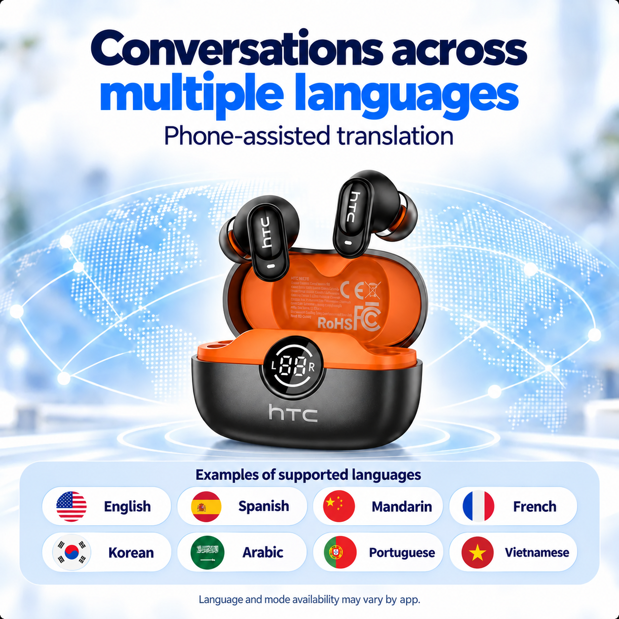 Illustrated guide to phone-assisted conversations with black earbuds and an orange-lined case